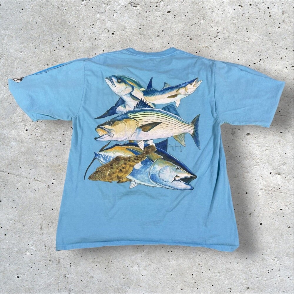 Guy Harvey Aftco Bluewater Mens Medium Long Sleeve Cotton Fishing Shirt Fish Tee